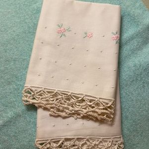 Pair of Embroidered White Cotton Queen Pillowcases with Crocheted Edge; NWT